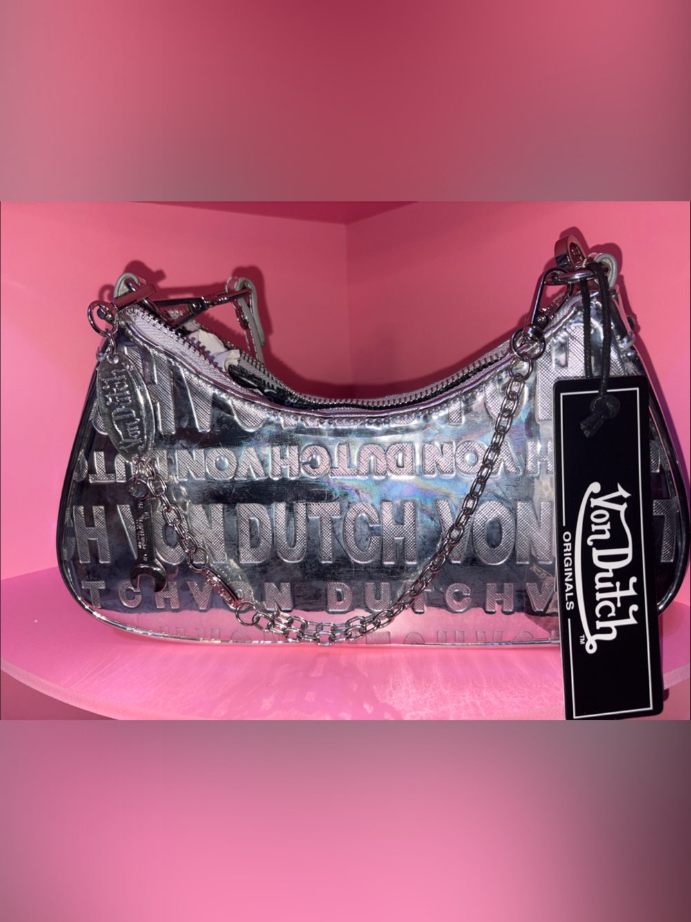 Von Dutch Metallic Silver Shoulder Bag with Logo Embossing
